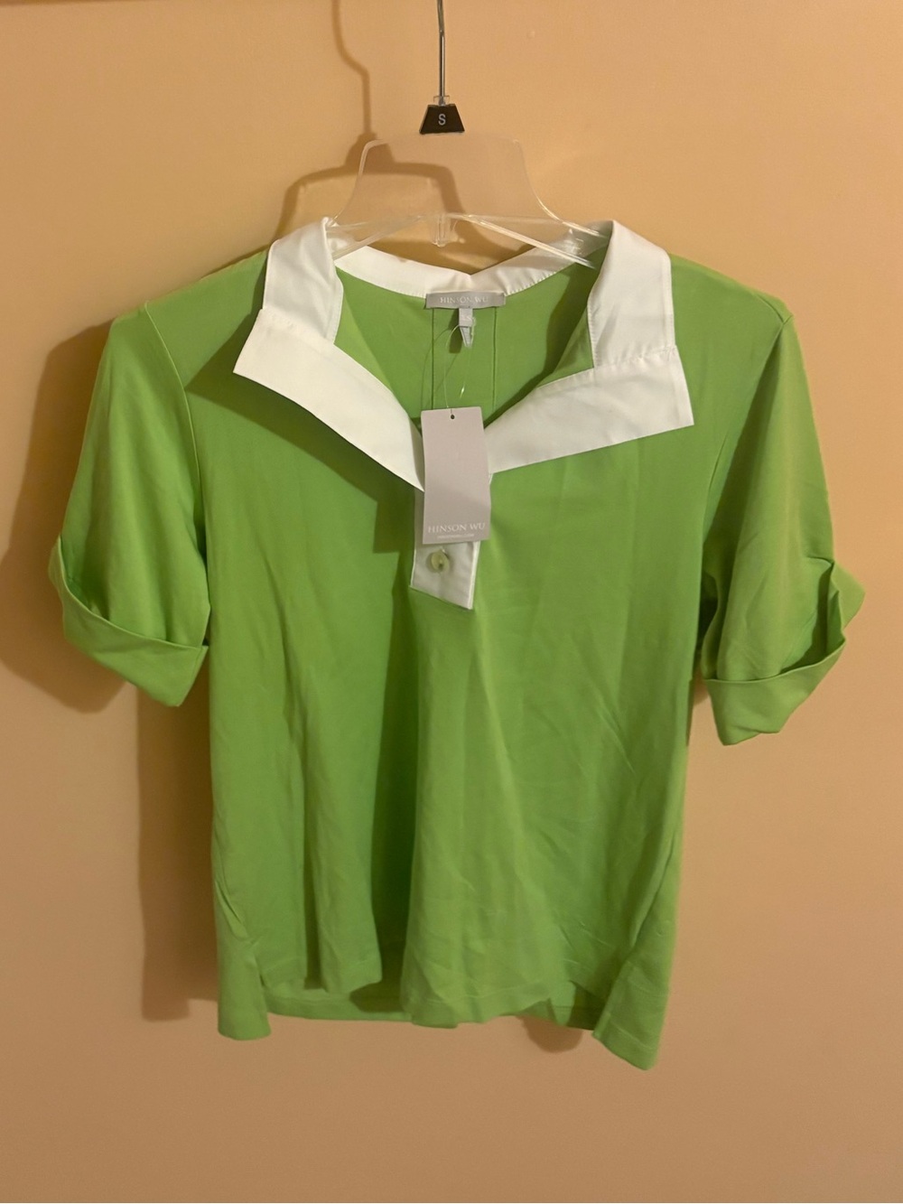 NWT Hinson Wu Aileen Chartreuse & White Collared Top